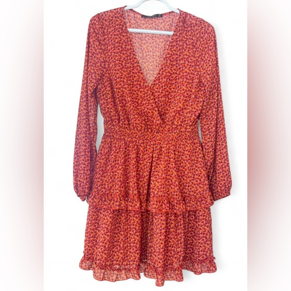 Hesparus Long Sleeve Smocked Waist Ruffle Dress L Boho Fall Floral Cottagecore